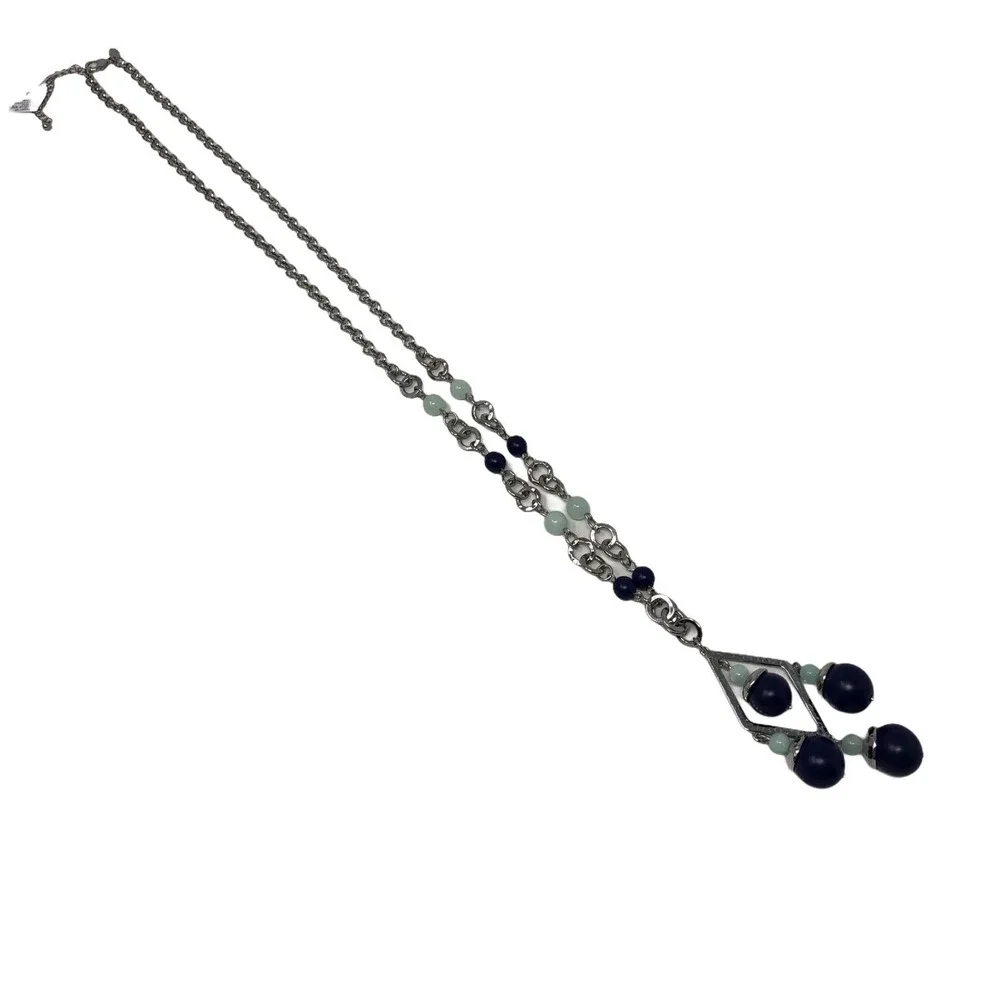 Lia Sophia Necklace Long Silvertone Blue Green Beads Statement‎